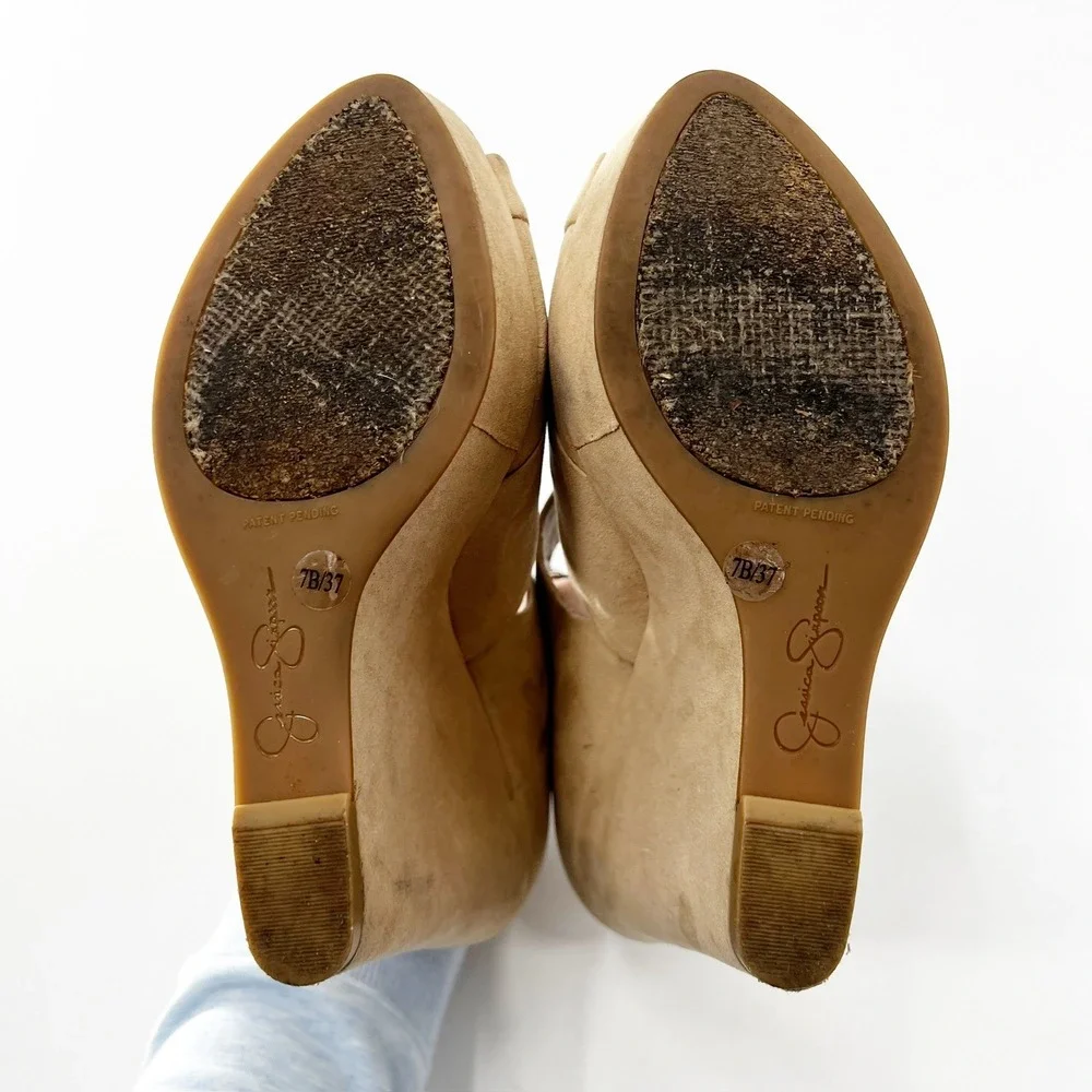 Jessica Simpson Wedges Heels Platforms Peep Toe‎ Criss Cross Tan Shoes Sz 7B